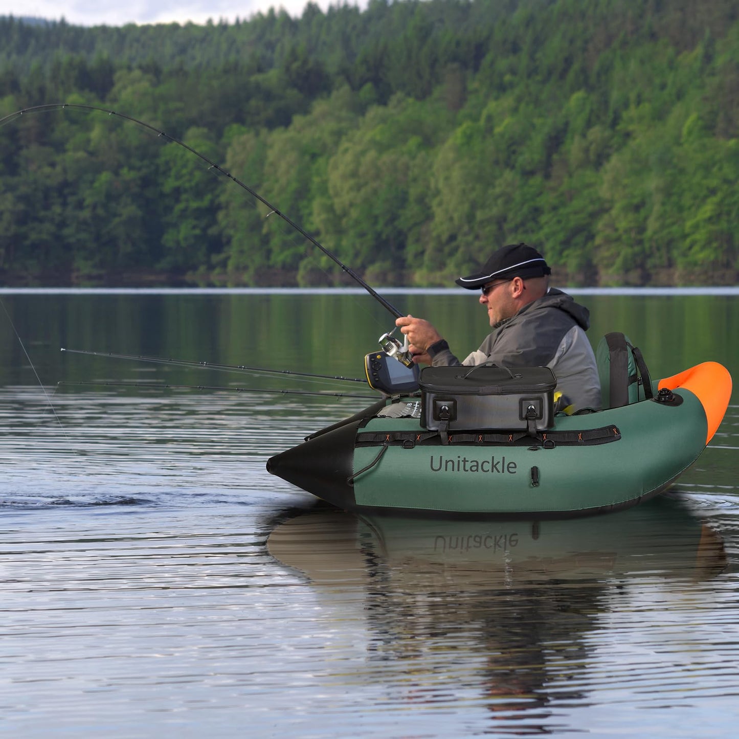 UNITACKLE Inflatable Fishing Float Tube, Belly Boat Fishing with Detachable Side Bags, Hand Pump, Fish Ruler, Paddle, Fins, Rod Holder and Mount, Inflatable Float Tube for 330lb Load Capacity