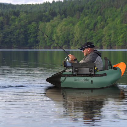 UNITACKLE Inflatable Fishing Float Tube, Belly Boat Fishing with Detachable Side Bags, Hand Pump, Fish Ruler, Paddle, Fins, Rod Holder and Mount, Inflatable Float Tube for 330lb Load Capacity