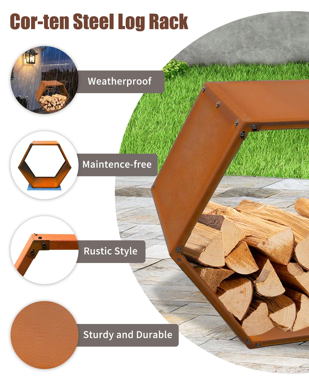 RUIJIU Firewood Log Rack Heavy-Duty, Corten Steel Firewood Rack with Hexagon Design, Fire Log Stacker for Wood Storage, Wood Holder for Outdoor Indoor