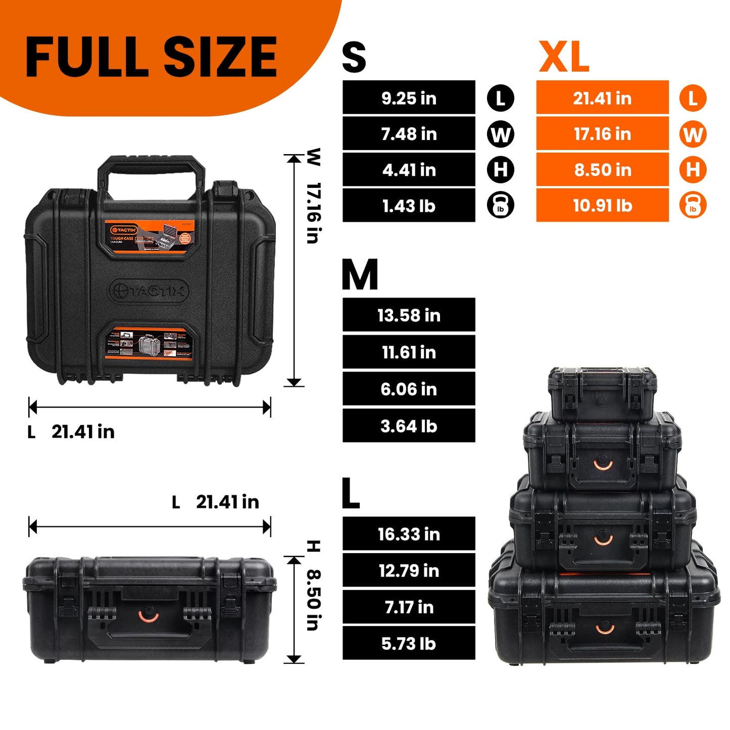 Tactix Hard Case XL Plastic Waterproof Camera Protective Case IP65 Heavy-Duty, Custom Foam Insert, Fit Use of Drones, Camera, Equipments, Tools, 21.41"x17.16"x8.50" Black