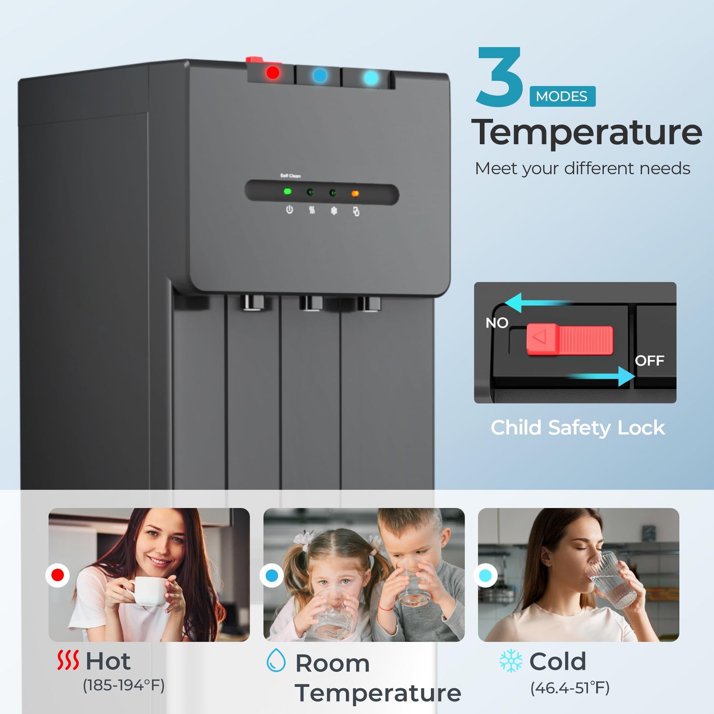 EUHOMY Self Cleaning Bottom Loading Water Dispenser for 3 or 5 Gallon Bottles, Hot Cold and Room Water Cooler with Child Safety Lock, LED Indicator, Empty Bottle Alert, Home Office Apartment, Black