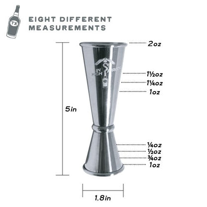 In High Spirits Japanese Jigger - 2oz/1oz Stainless Steel Cocktail Jigger with 8 Interior Measurements - Durable, Professional Grade Bartending Tool for Home Bar & Commercial Use