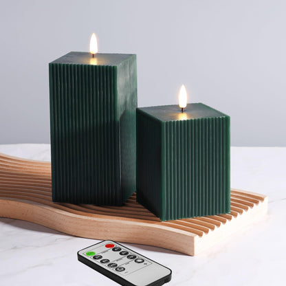 Girimax Dark Green Ribbed Flameless Candles with Remote, Battery Operated LED Square Candles Set of 2 Φ 3" H 4" 6"