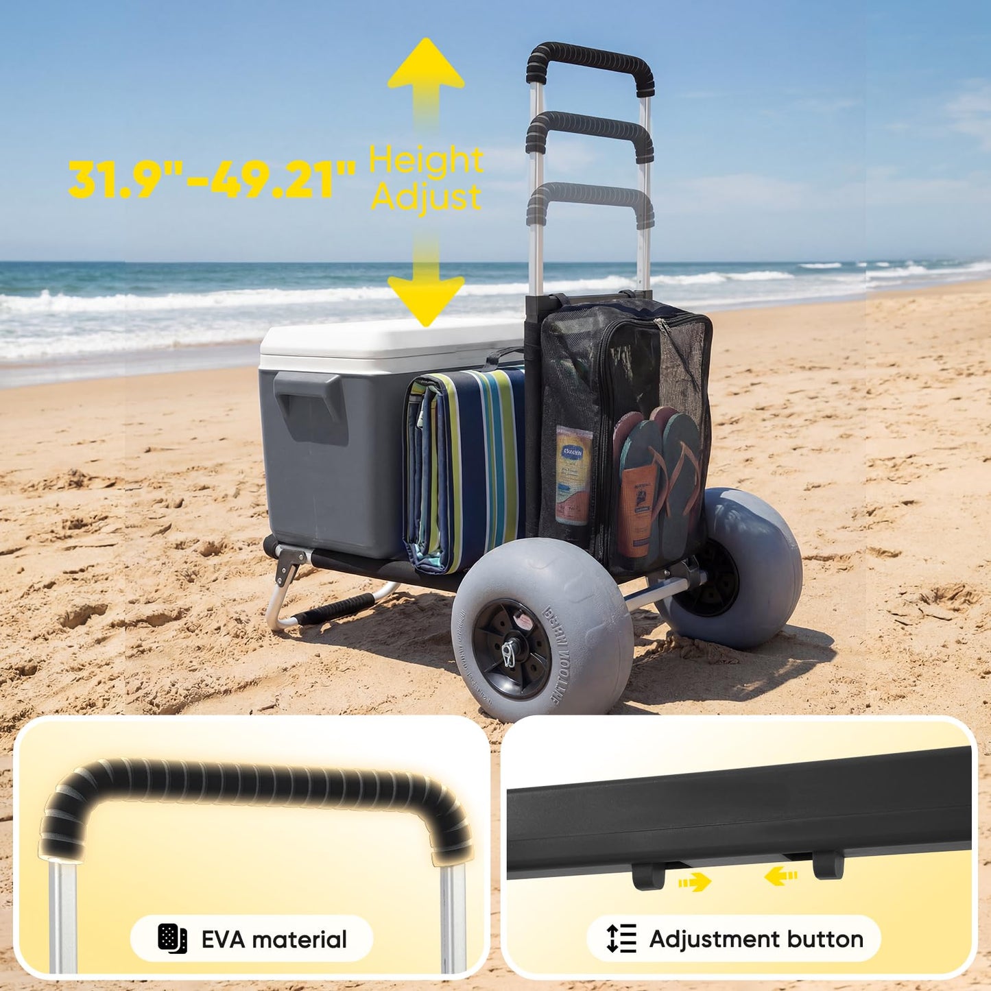 Sekey Beach Wagon with 12" Big Wheels for Sand, Heavy Duty Collapsible Beach Cart with Balloon Tires, Foldable Utility Sand Wagon for Outdoor Camping, Fishing & Groceries.Black