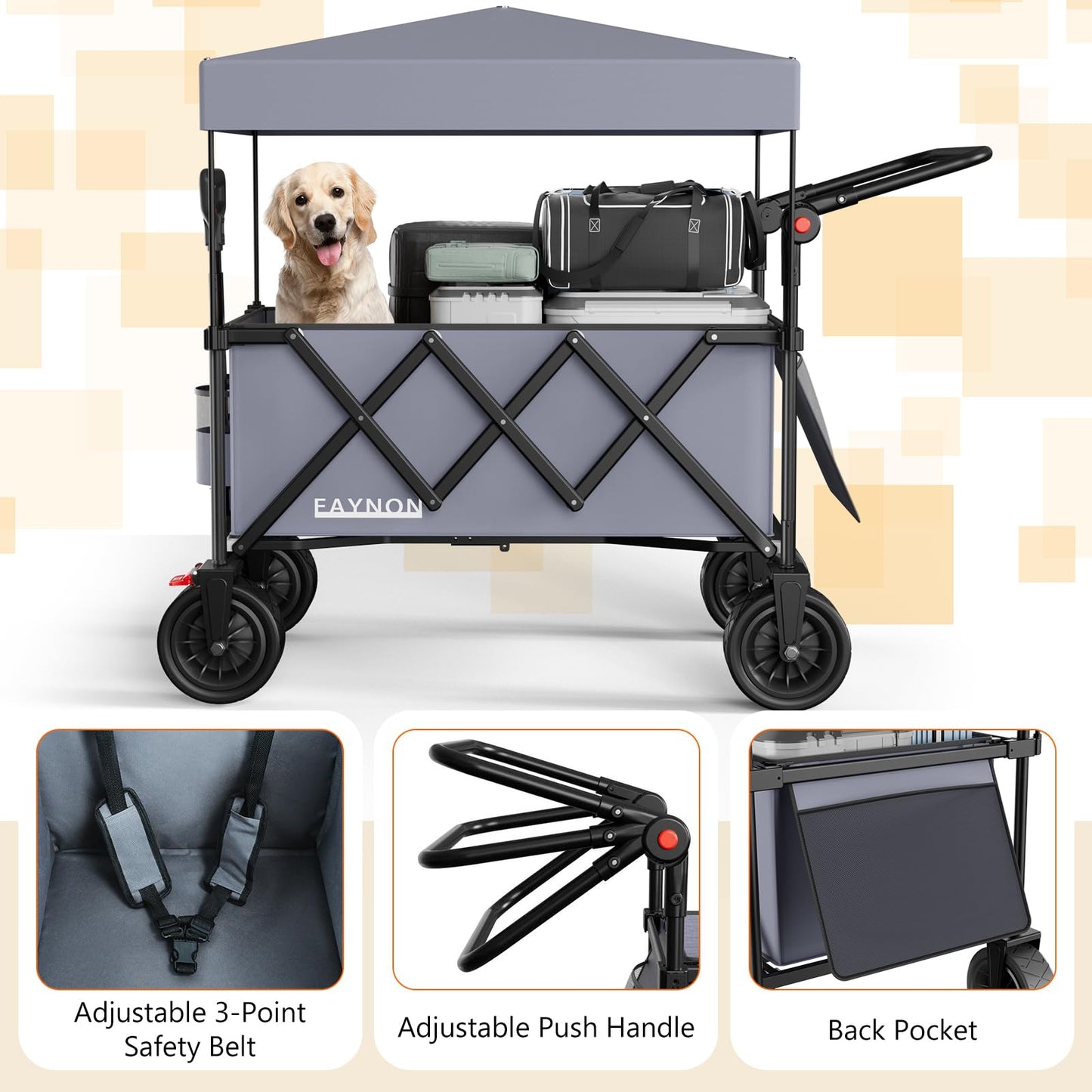3 in 1 Collapsible Wagon with 300lbs Weight Capacity,150L Heavy Duty Utility Cart with Removable Canopy,with Big All-Terrain Beach Wheels & Drink Holders,Gray