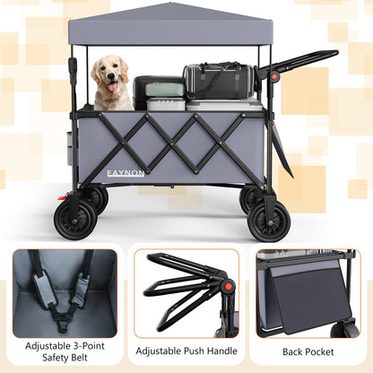 3 in 1 Collapsible Wagon with 300lbs Weight Capacity,150L Heavy Duty Utility Cart with Removable Canopy,with Big All-Terrain Beach Wheels & Drink Holders,Gray