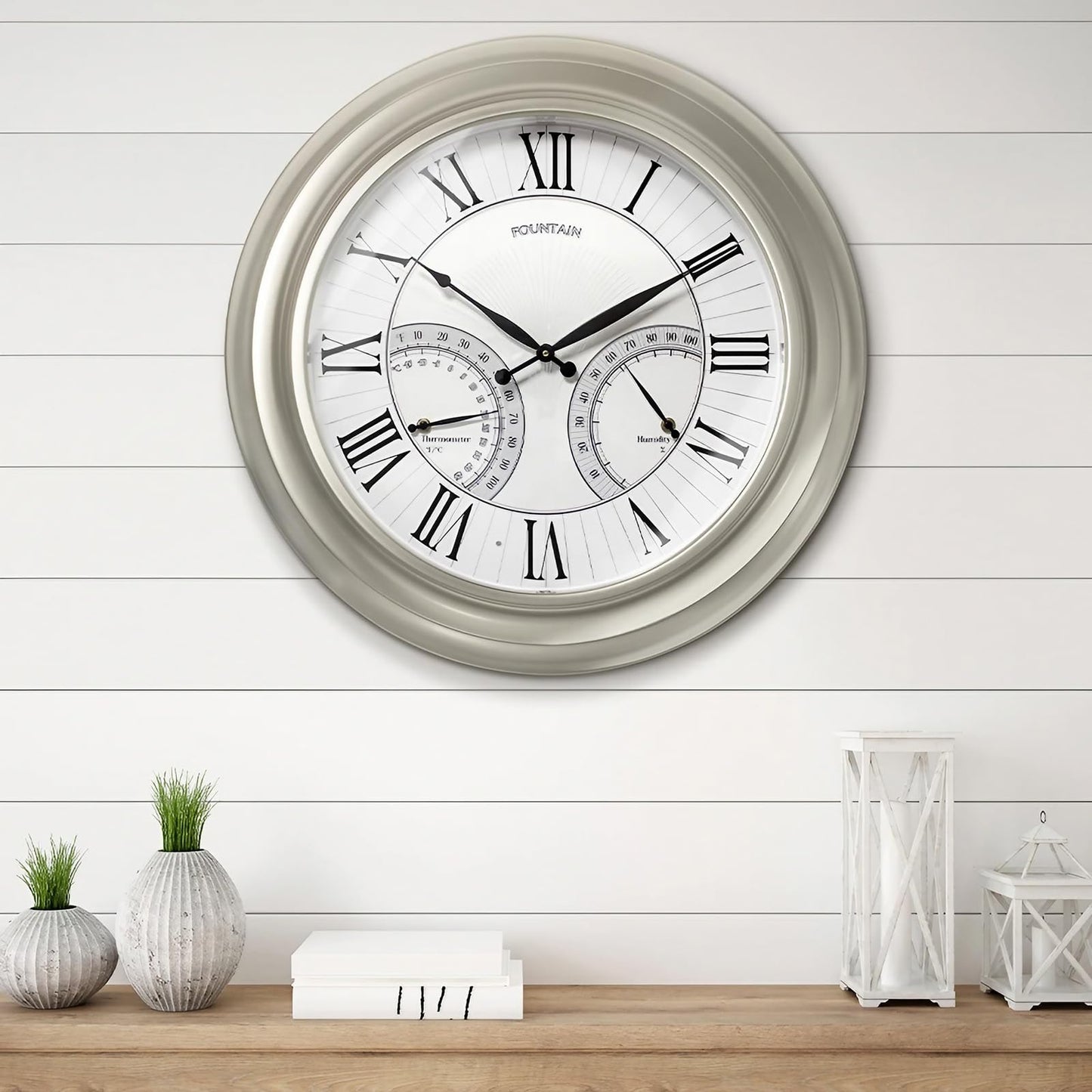 FOUNTAIN DESIGNS 24 Inch Outdoor Clocks Waterproof, Self-Illuminated Large Outdoor Clock with Thermometer and Hygrometer Combo for Patio,Pool and Garden Decor,Roman Numeral,Morning Silver