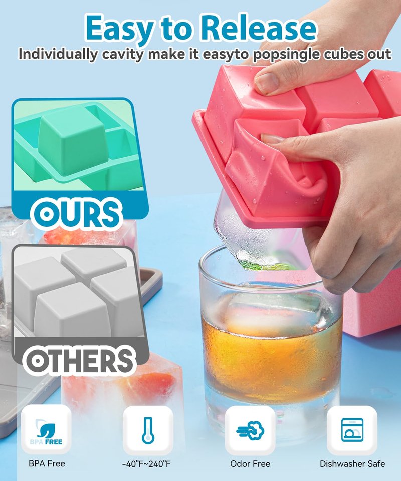 Large Ice Cube Tray 2 Pack, Lxndaser 2 Inch Silicone Ice Cube Molds for Whisky, Cocktail, Big Square Silicone Ice Trays With Lid, Leak-Proof Stackable Design for Freezer, Iced Coffee, Bourbon Drinks
