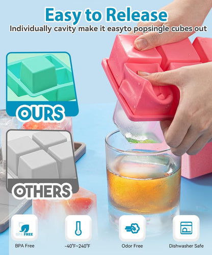 Large Ice Cube Tray 2 Pack, Lxndaser 2 Inch Silicone Ice Cube Molds for Whisky, Cocktail, Big Square Silicone Ice Trays With Lid, Leak-Proof Stackable Design for Freezer, Iced Coffee, Bourbon Drinks