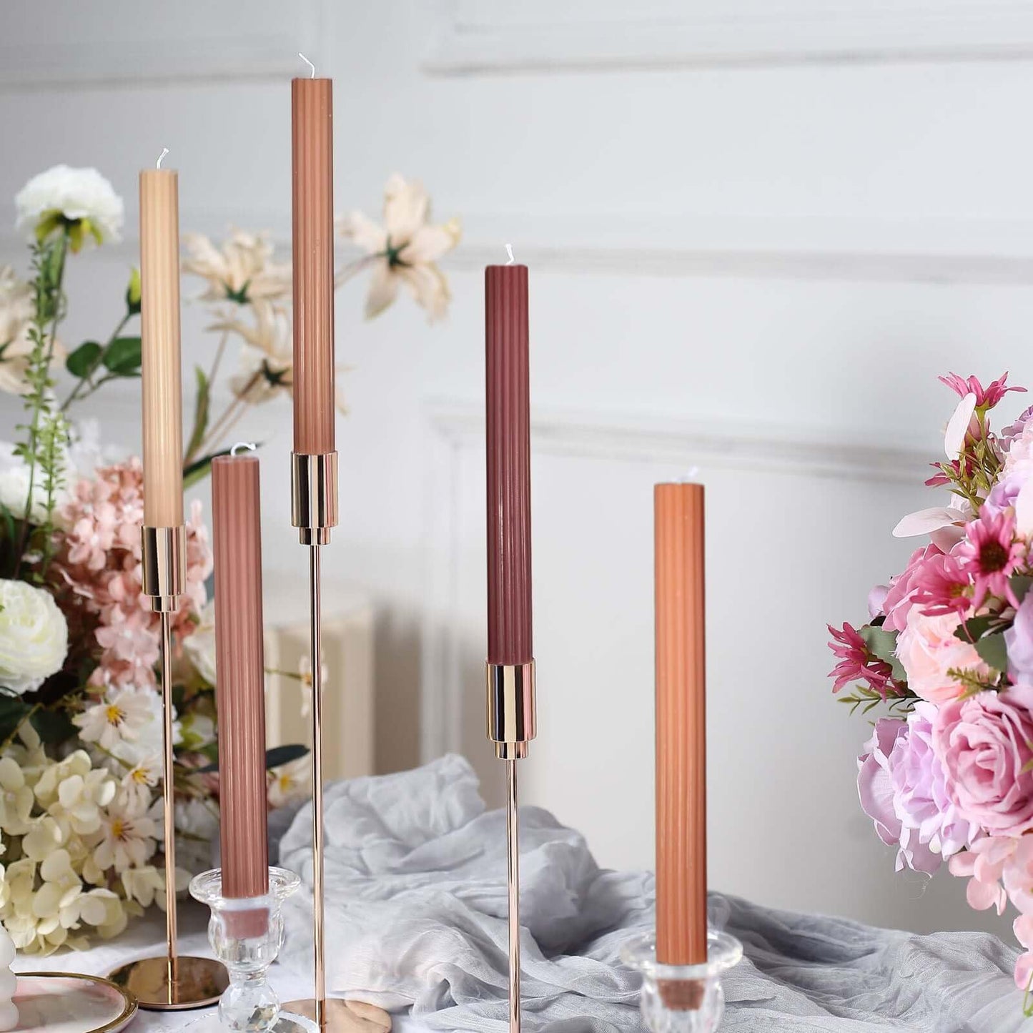 Tableclothsfactory 5 Pack | 9" Assorted Natural Premium Unscented Ribbed Wick Taper Candles, Tall Ribbon Wax Dinner Candles