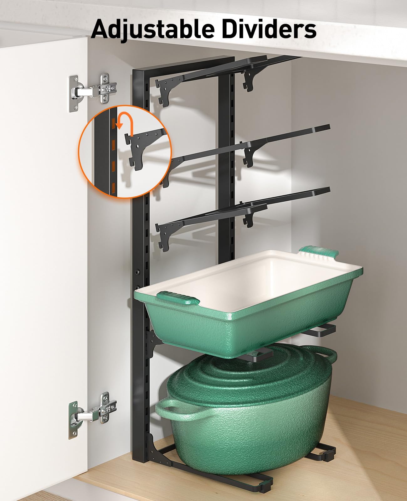 ORDORA Pots and Pans Organizer for Cabinet 16.61'' Height, 8 Tier Pot Organizers Rack with 3 DIY Methods, Adjustable Pan Organizer under Cabinet Kitchen Organization and Storage