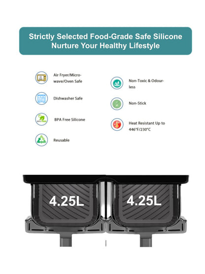 Szyeequoo Silicone Air Fryer Liners 2 Pack for Ninja Dual Zone, 1 Perforated and 1 Solid, Rectangle Reusable Liners for DZ201 DZ401 DZ550 DZ302, COSORI 9QT Instant Chefman Dual Basket Air Fryers