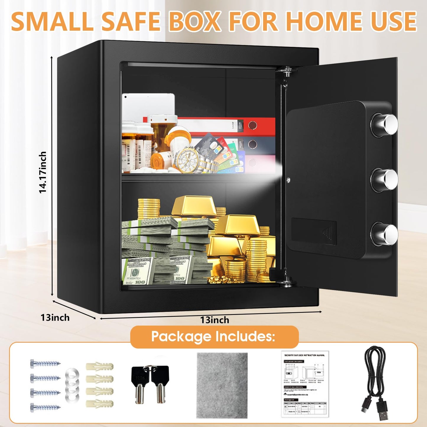 2.0 Cub Large Fireproof Safes for Home Use, Digital Security Safe Box Fireproof Waterproof with Combination Lock and Removable Shelf, Home Fire Safe for Document Money Medicines Valuables