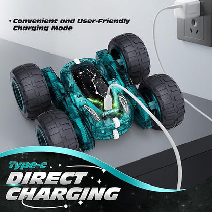 Tecnock Remote Control Car 2.4GHz RC Cars with USB-C Easy Charging 4WD Double Sided 360° Rotates and Flips RC Stunt Car Toys Gift for Boys and Girls Ages 6-8 8-12