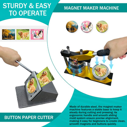 SENBORYSUN Magnet Maker Machine Kit, 2.95" DIY Photo Fridge Button Press & 75mm Button Paper Cutter with 100pcs Consumables, Round Metal Punch Set for Pin Badge & Magnets, Sticker Making Supplies