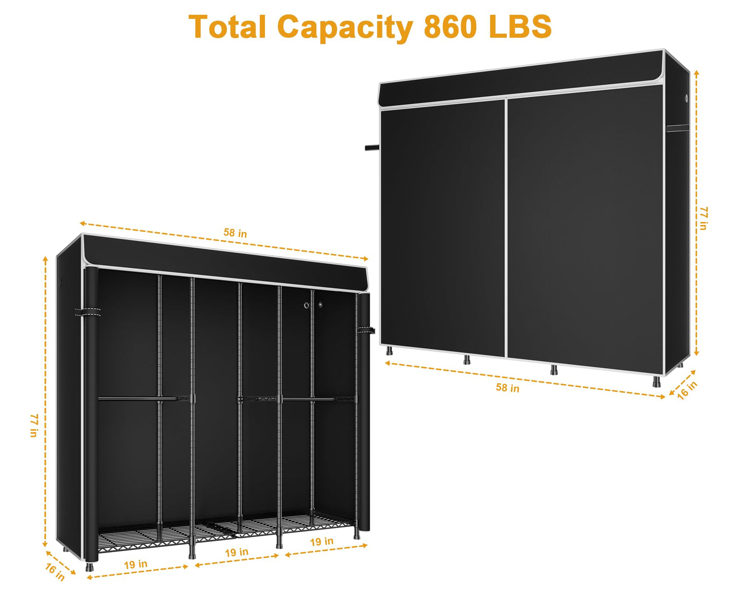 ULIFHOME E14C Heavy Duty Closet Organizer System，Freestanding Clothing Racks for Hanging Clothes，Adjustable Garment Rack 58" W × 16" D × 77" H Hold 860 lbs，Black Rack with Black Dustproof Cover