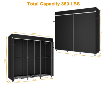 ULIFHOME E14C Heavy Duty Closet Organizer System，Freestanding Clothing Racks for Hanging Clothes，Adjustable Garment Rack 58" W × 16" D × 77" H Hold 860 lbs，Black Rack with Black Dustproof Cover
