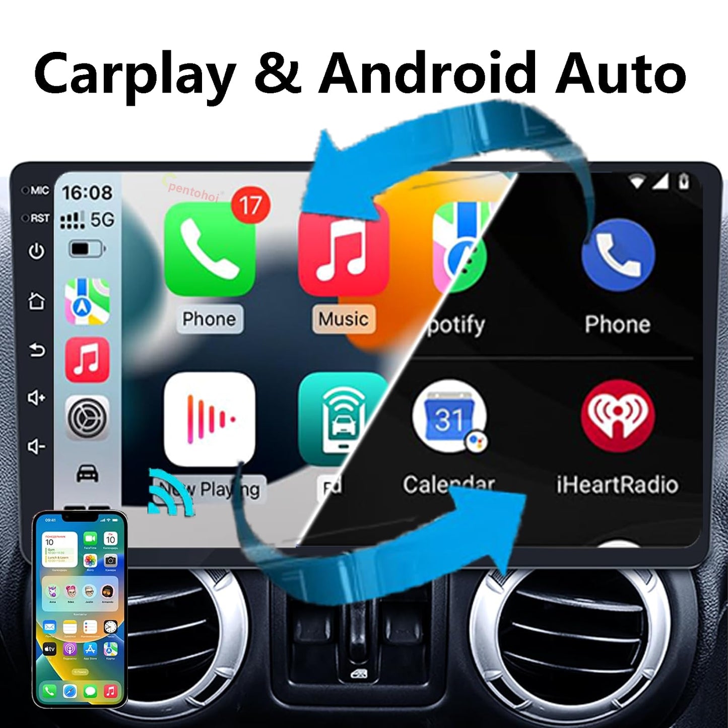Android 14 Car Stereo Radio Upgrade for Jeep Wrangler JK Compass Grand Cherokee Dodge Ram 1500, 10 inch QLED Touchscreen Support Wireless CarPlay Android Auto GPS Bluetooth FM SWC (RAM 2GB+ ROM 64GB)