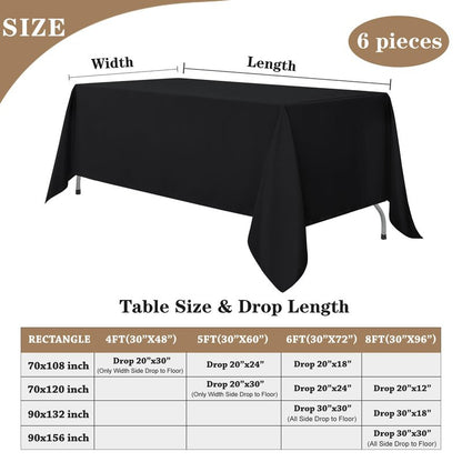 Fitable Black Tablecloths for Rectangle Tables, 6 Pack - 70 x 120 Inches - Reusable and Washable Table Clothes for 6-8 Ft Tables, Polyester Fabric Table Covers for Wedding, Party, Banquet