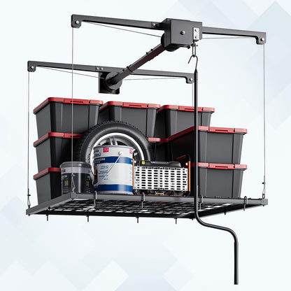Adjustable 4x4 ft Overhead Garage Storage Rack Lift System,Heavy Duty Ceiling Mount Rack with 250 Lb Capacity & Automatic Safety Lock, Space-Saving Hanging Organizer for Attic,Basement,Garage or Shed