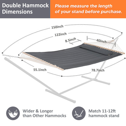 SUNCREAT Portable Tree Hammock with Hardwood Spreader Bar, Extra Large Soft Pillow, Heavy Duty 2 Person Hammock for Indoor, Outdoor, Gray