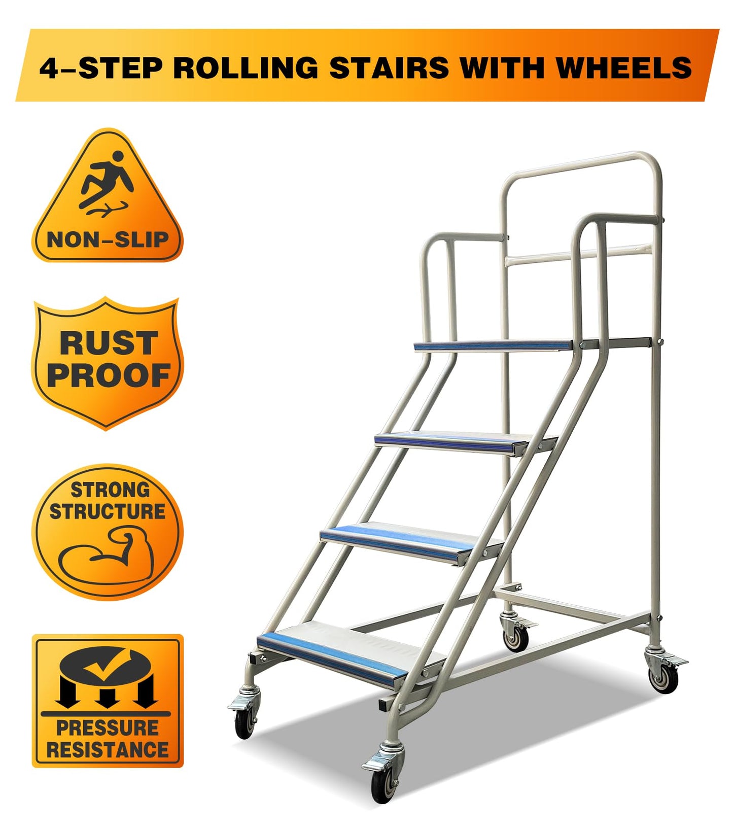 4 Step Rolling Stairs with Wheels, Industrial & Warehouse 4-Step Stairs, Non-Slip Rolling Steps with Stair Edge Protector, Easy to Move Rolling Steps for Goods Shelves, 23.6"x59.1", 445LBs Capacity
