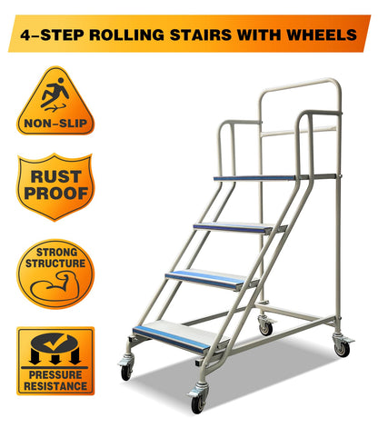 4 Step Rolling Stairs with Wheels, Industrial & Warehouse 4-Step Stairs, Non-Slip Rolling Steps with Stair Edge Protector, Easy to Move Rolling Steps for Goods Shelves, 23.6"x59.1", 445LBs Capacity