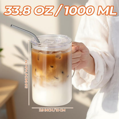 Sieral 2 Pack 33.8 oz Glass Tumbler with Straw and Lid Large Glass Cup with Handles Iced Coffee Glasses Reusable Drinking Glasses Set for Iced Coffee Smoothies Drink Juice for Birthday Valentine Gift
