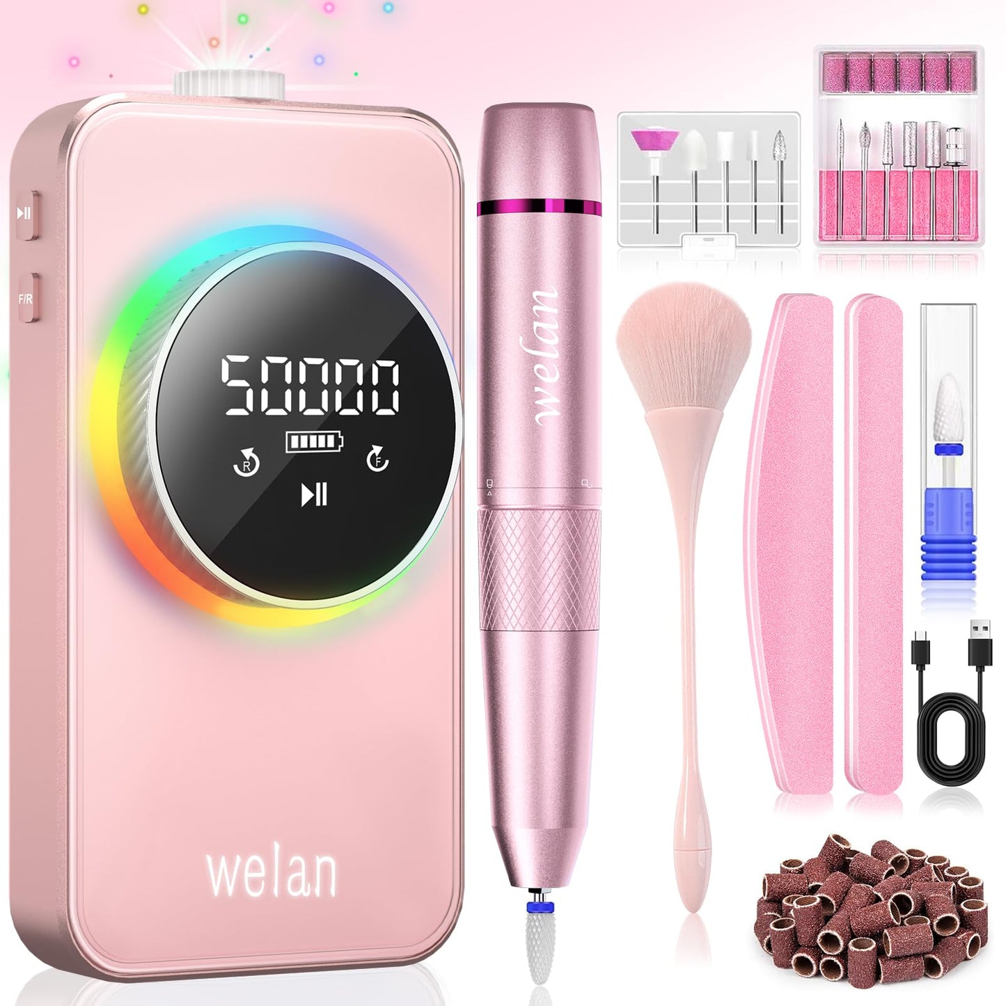 Electric Nail Drill Professional, 50000RPM Electric Nail File Portable Nail Drill Kit 6000mAh Rechargeable Machine for Acrylic Gel Nail, Manicure Pedicure Polishing Nail for Salon Home Purple