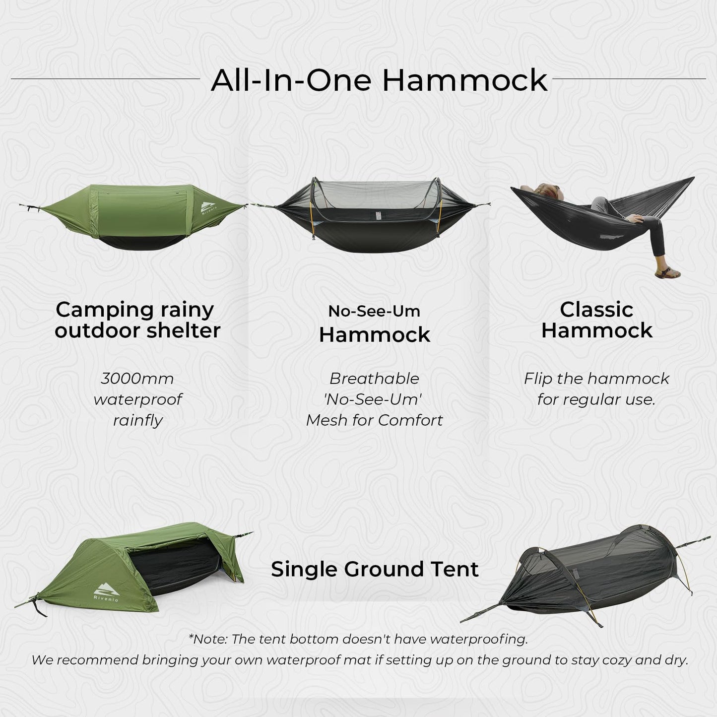 Rivenlo Camping Hammock Tent with Mosquito Net & RainFly, 3 in 1 Waterproof Lightweight Portable Sleeping Hammock Bug Backpacker Travel Outdoor Gear with Tree Strap Swing, for Hiking Patio Expedition