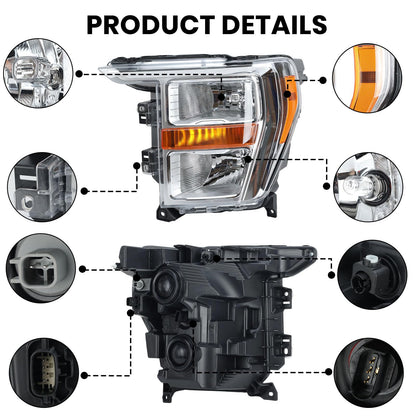 Headlight Compatible with 2021 2022 2023 Ford F150 XL XLT Left Driver Side Part Numbers ML3Z-13008-K FO2503409 Halogen Head Light