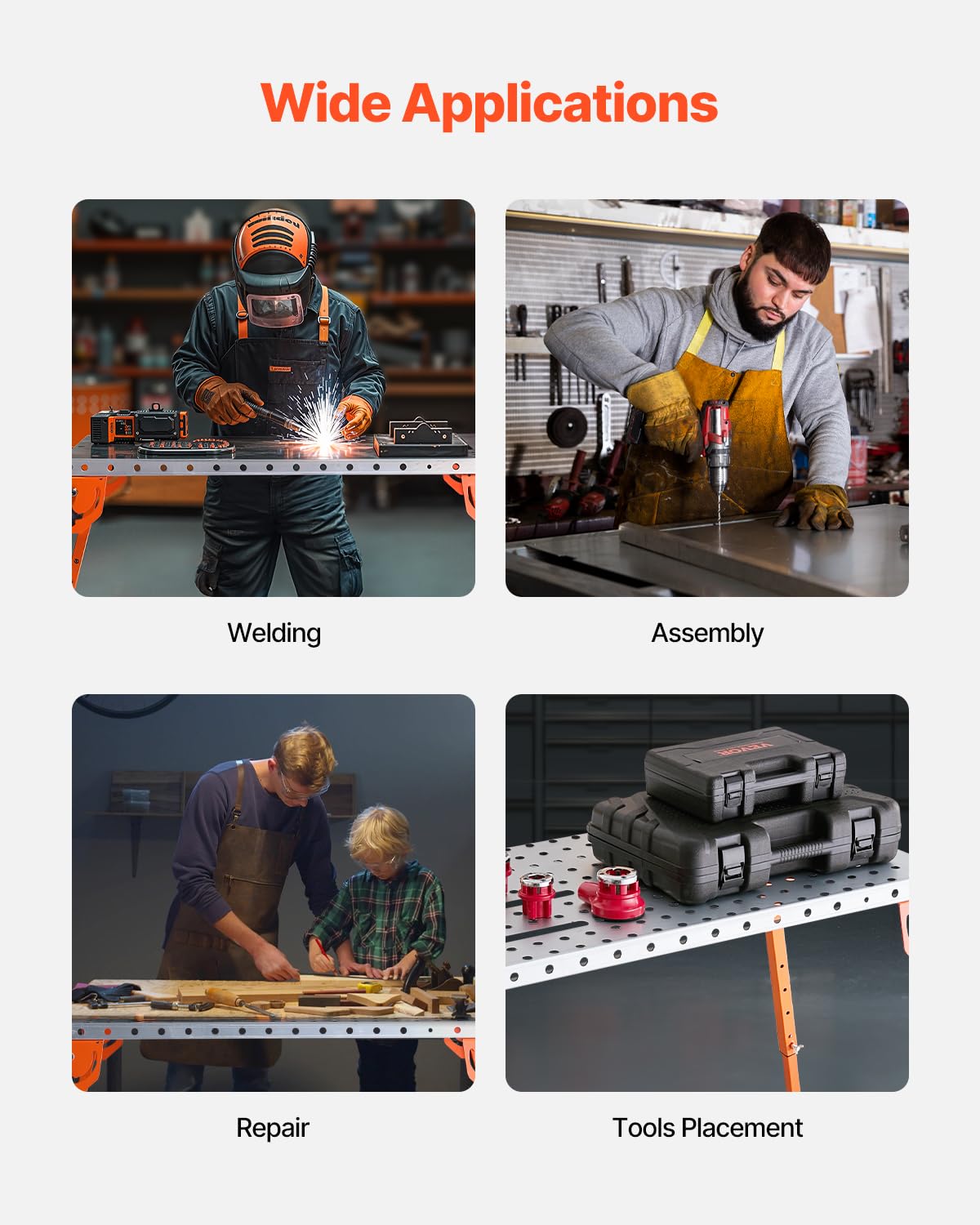 VEVOR Foldable Welding Table 44" x 21", 500LBS Capacity Welding Workbench with 4-Level Adjustable Height, Carbon Steel Work Bench with 6 Tool Slots & 0.63" Fixture Holes for Welding Assembly Repair