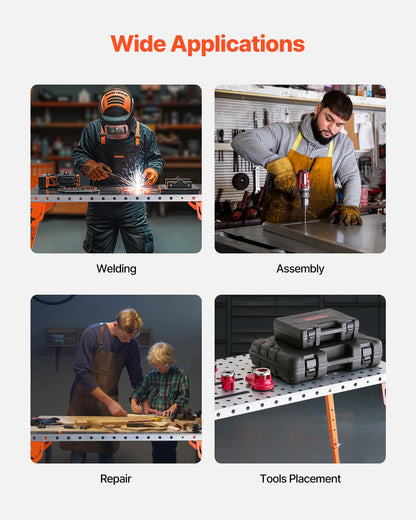 VEVOR Foldable Welding Table 44" x 21", 500LBS Capacity Welding Workbench with 4-Level Adjustable Height, Carbon Steel Work Bench with 6 Tool Slots & 0.63" Fixture Holes for Welding Assembly Repair