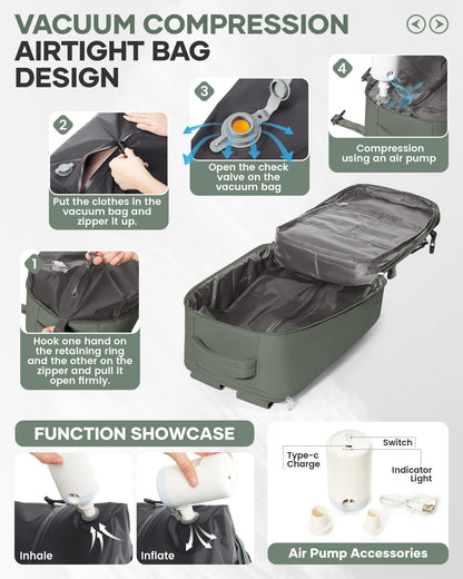Vacuum Storage Travel Backpack with Air Pump Carry on Flight Approved Compression Vacpack Waterproof with Vacuum System Airplane Travel Essentials Daypack Laptop Space Saver Bags Women Green