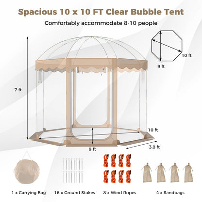 Tangkula Pop Up Bubble Tent, 10x10 Ft Oversize Weatherproof Clear Outdoor Dome Tent for 8-10 People with 2 Roll-Up Doors, Stakes, Wind Ropes, Sandbags, Carrying Bag for Winter Cold Protection