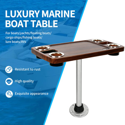 Pontoon Boat Table Set, 18"x34" Large Party Table with 2.5" Aluminum Pedestal Leg, 4 Yeti-Size Drink Holders & 2 Phone Slots – UV Resistant, Wobble-Free (Burylywood/Silver)