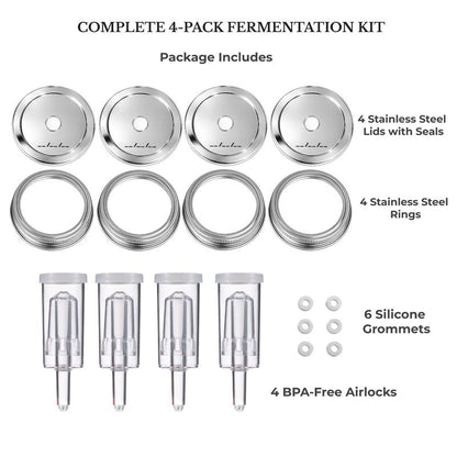 Jillmo Fermentation Lids for Wide Mouth Mason Jars, Stainless Steel Auto Venting Fermenting Lid Kit with Airlocks & Silicone Grommets for Pickles, Kimchi & Sauerkraut, 4 Pack, No Jars Included