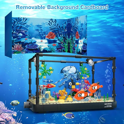HOGOKIDS Fish Tank Building Set with LED Light - Movable Aquarium Building Toys for Adults Kids | 725PCS Creative Aquarium Toy with Jellyfish Fish Animal Educational Gift for Boys Girls Age 8-14