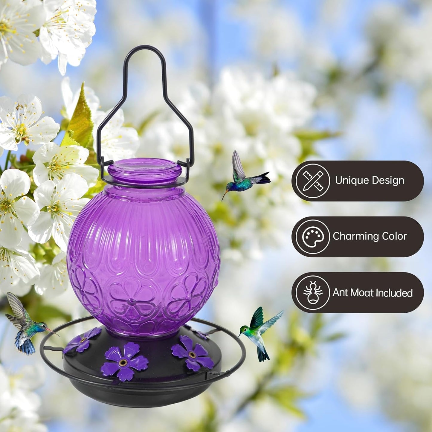 Skiennix Glass Hummingbird Feeder - 23oz Leak-Proof Outdoor Nectar Feeder with 5 Flower Ports | Purple Garden Decor Gift for Mom