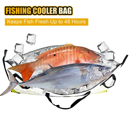 CWSDXM Insulated Fish Cooler Bag, 60'' Waterproof Leakproof Fishing Kill Bag with Drain Valve, Zipper and Heavy Duty PVC Marine Cooler for Boat Kayak Offshore Fishing, Keeps Fish Fresh Up to 48H