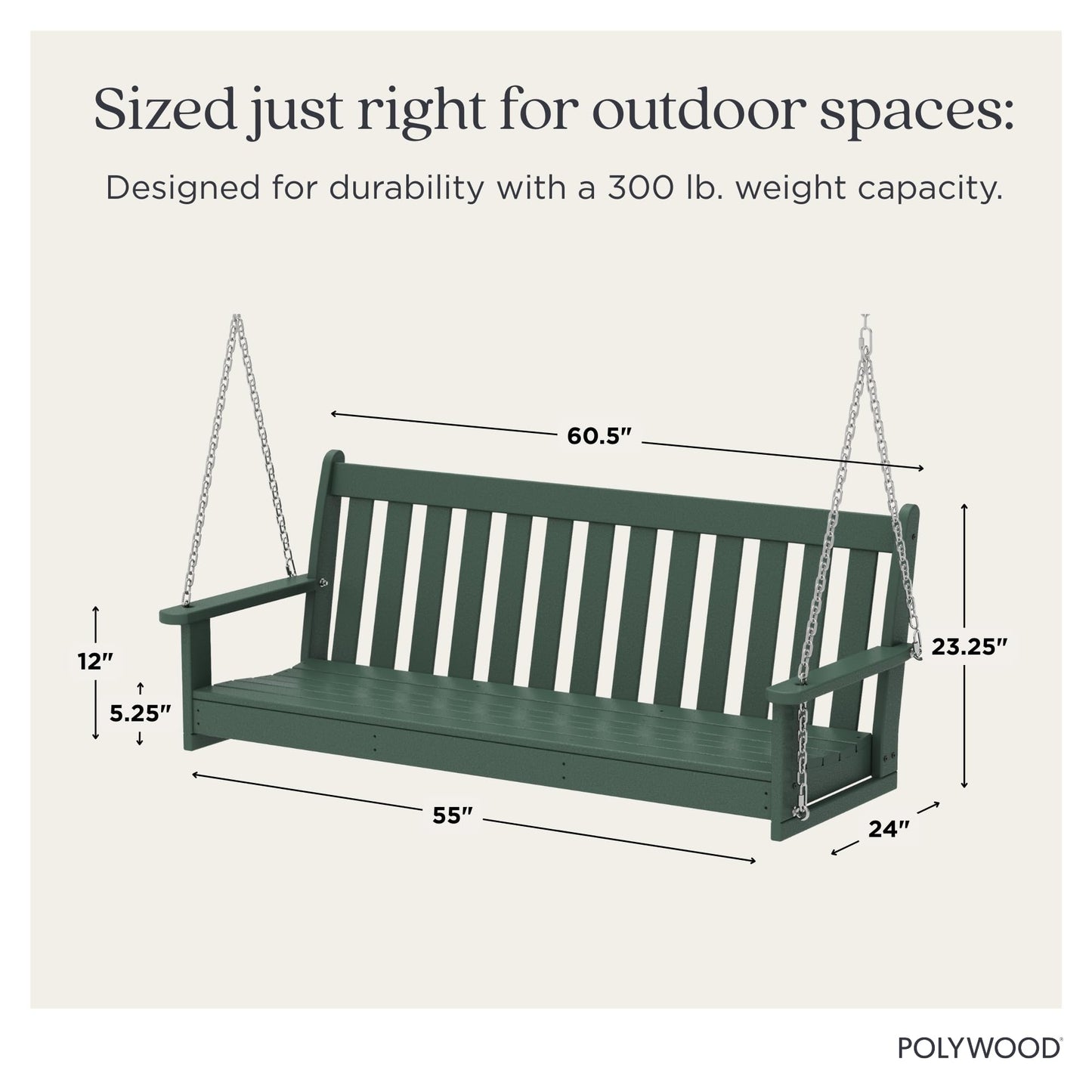 POLYWOOD Vineyard 5-Foot Porch Swing, Heavy Duty HDPE Outdoor Hanging Bench, Patio Swing for Adults Kids, Deck Garden Furniture, Green