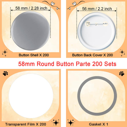200 Sets 58mm Button Maker Supplies, 2.28 Inch Button Supplies Blank Badge Parts Includes Metal Covers, Plastic Backs& Clear Film, Compatible with Button Maker/Pin Press Machine