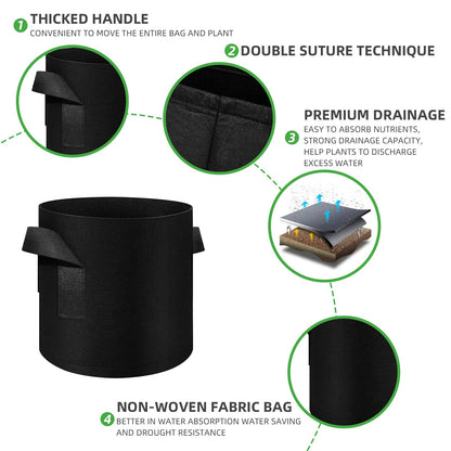 FineGearPow 5 Pack 10 Gallon Grow Bags, Heavy Duty Thickened Nonwoven Fabric Pots with Handles, Planter Grow Bags for Vegetables/Flower/Plant/Fruits, Black