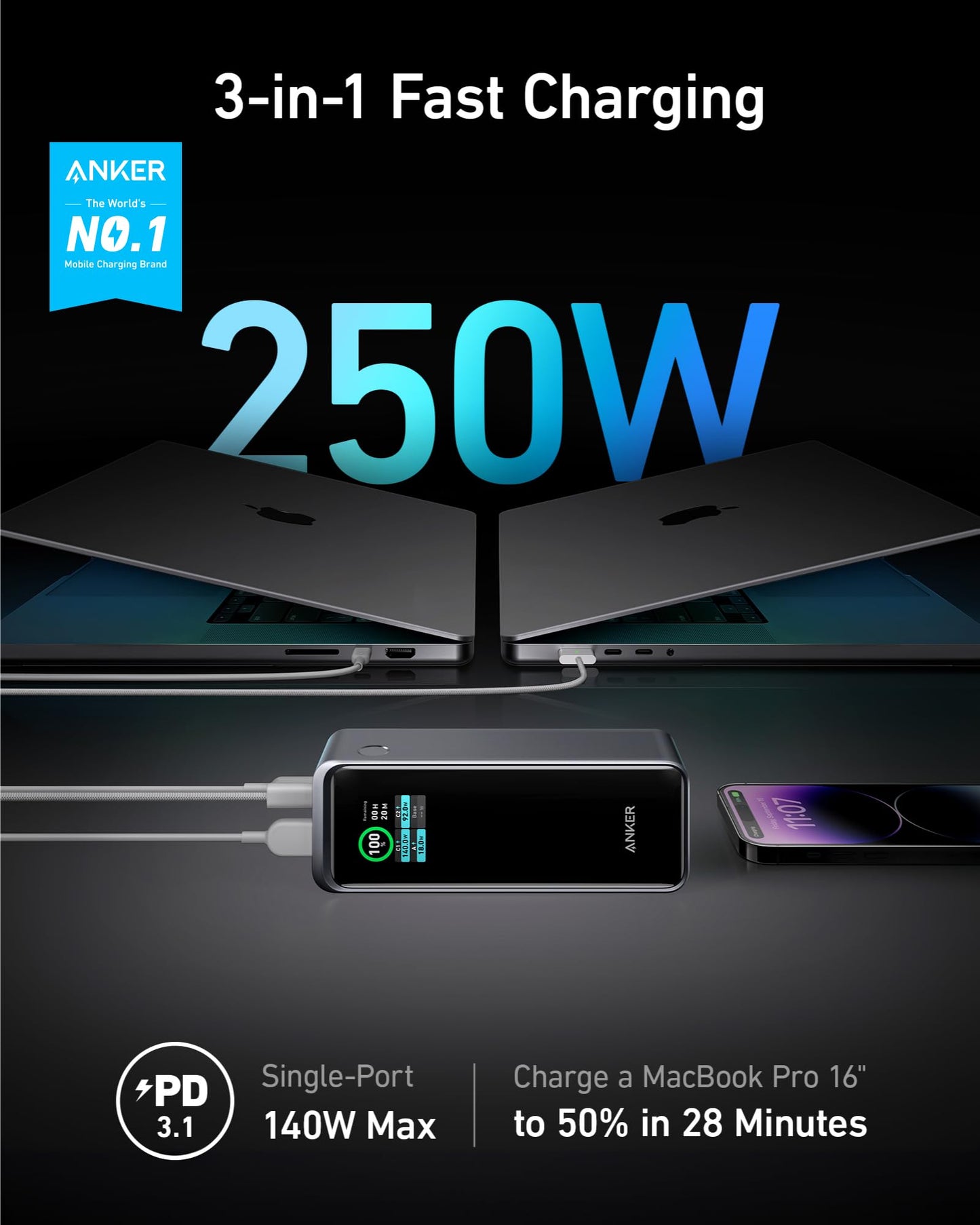 Anker Prime Power Bank, 27,650mAh 3-Port 250W Portable Charger for Travel, TSA-Approved, Smart App, for MacBook Pro/Air, iPhone 16/15/14 Series, Samsung, Laptops, and More (Charging Base Not Included)
