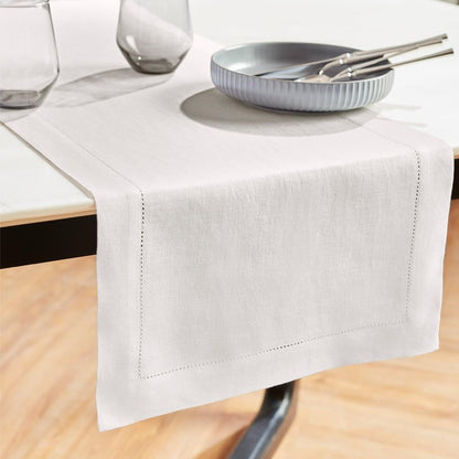 Solino Home Linen Indigo Navy Hemstitch Table Runner 60 Inches - 100% Pure Linen Small Table Runner 14 x 60 Inch Ideal for Dresser and Coffee Tables - Sonoma Hemstitch, 4th of July