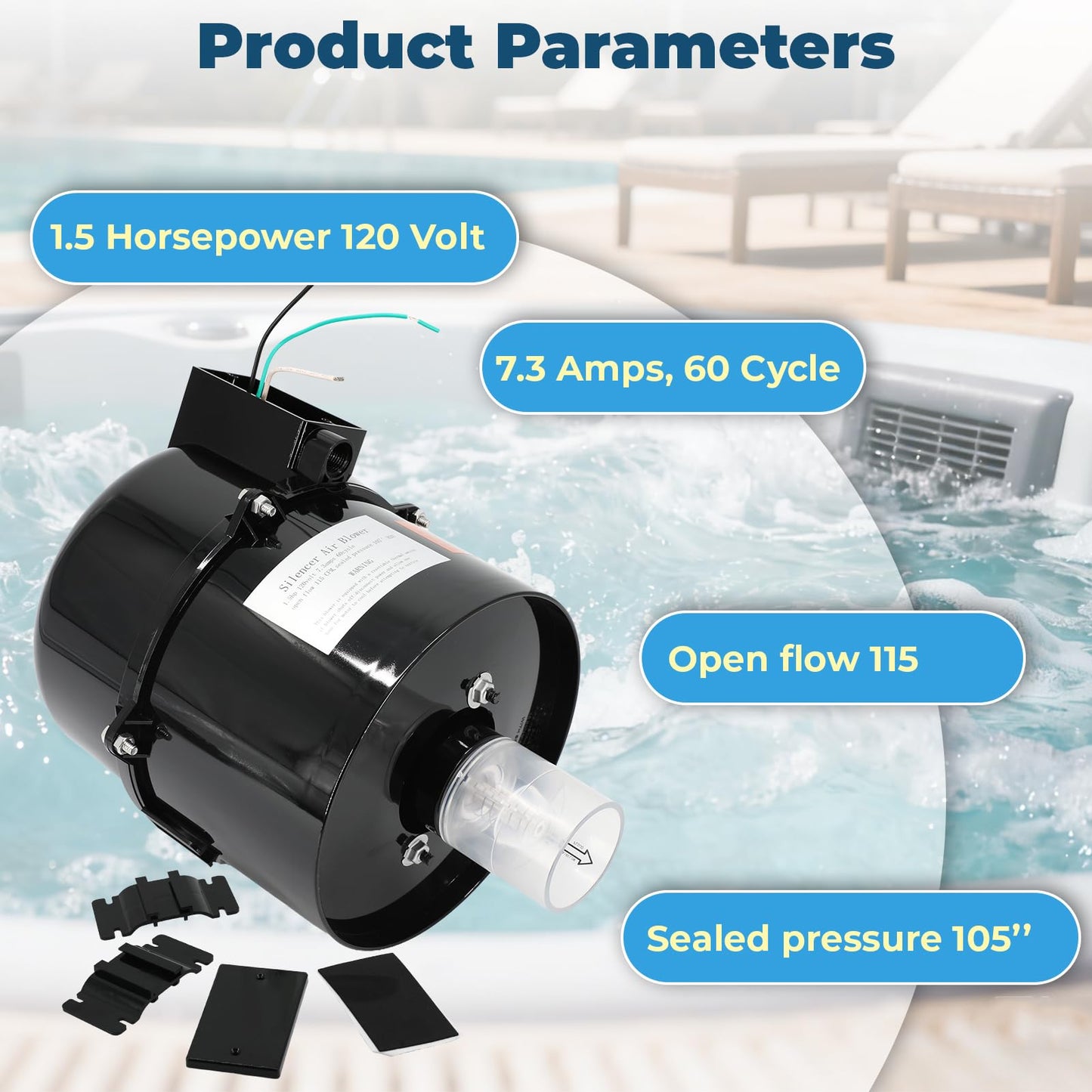 XHHEZQ 6315141 Silencer Spa Blower 1.5 HP 120 Volt 7.3 Amps Replacement for Air Supply, for use with 2 inch Plumbing, Quiet and Shock-Absorbing, Easy Installation, for Pool Hot Tub & Spa