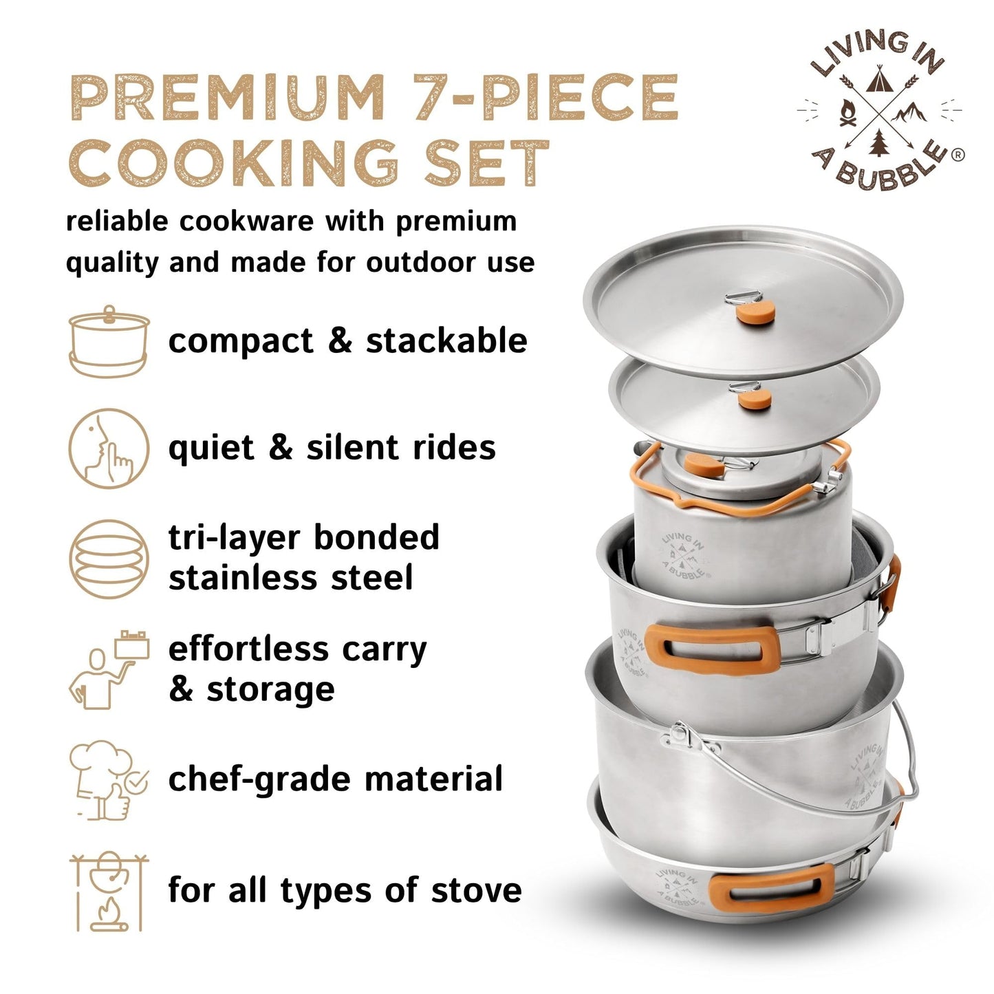 Living in a Bubble Premium 7-Piece Stainless Steel Cooking Set. Tri-layer Bonded Stainless-Steel - Ergonomic Handles with Silicone Sleeve - Compact & Stackable