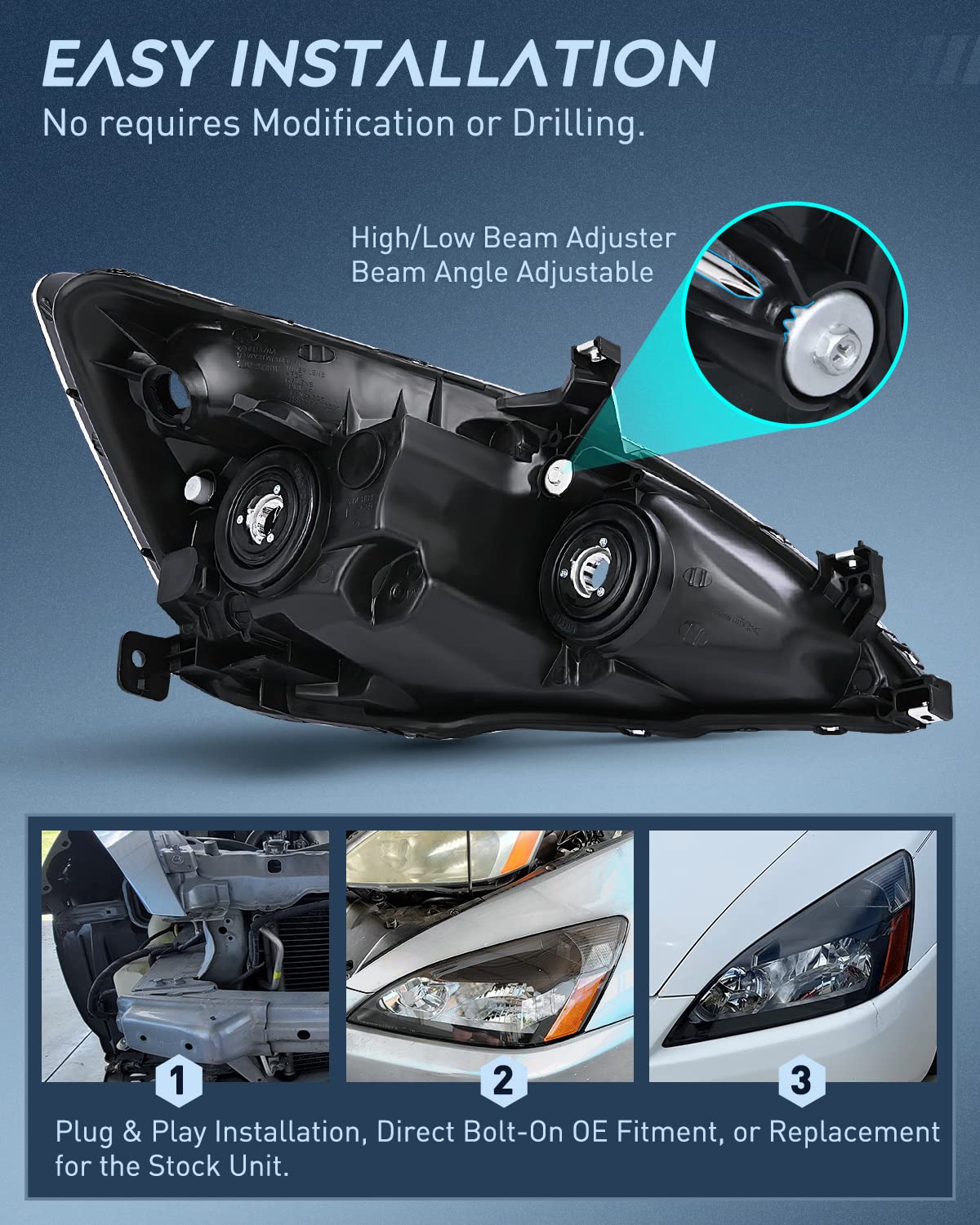 Nilight Headlight Assembly for 2003 2004 2005 2006 2007 Accord Replacement Headlamp Black Housing Amber Reflector