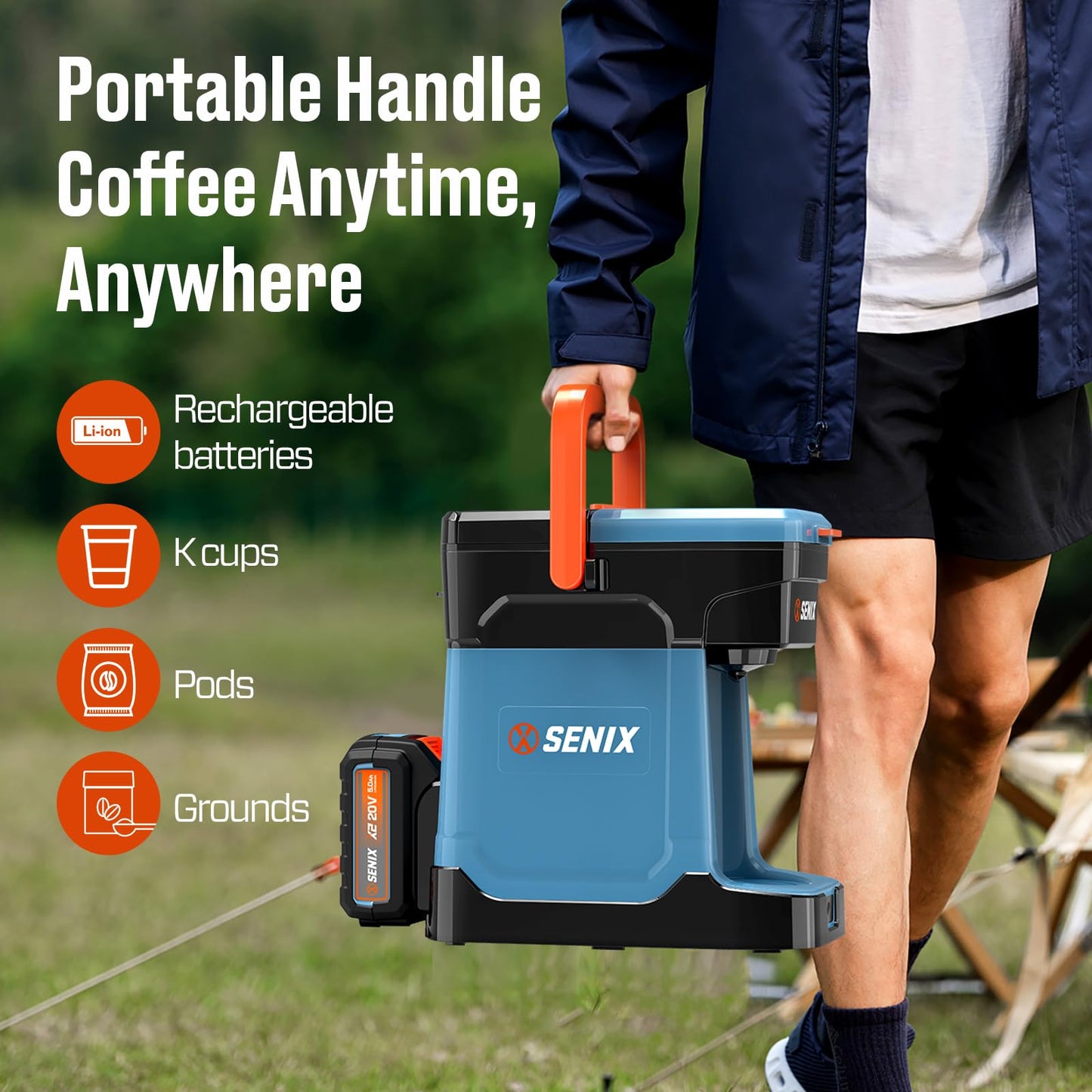 SENIX Coffee Maker Single Serve, Portable, 2-in-1 20V 5.0 Ah Battery, Charger & Power Cord, Compatible with K-Cups, Ground, Pods, 8oz Brew Size - for Travel, Camping, To-Go, Job Site, Home (CMX2-M4)
