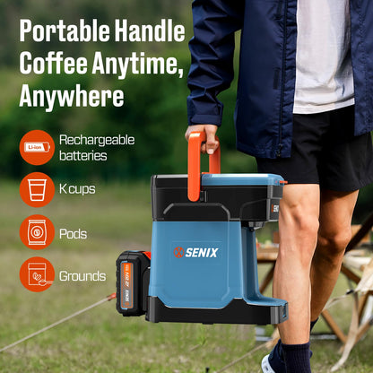 SENIX Coffee Maker Single Serve, Portable, 2-in-1 20V 5.0 Ah Battery, Charger & Power Cord, Compatible with K-Cups, Ground, Pods, 8oz Brew Size - for Travel, Camping, To-Go, Job Site, Home (CMX2-M4)